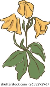 Uma ilustração encantadora e minimalista da arte da linha retratando um conjunto de flores amarelas com folhas verdes acompanhantes.