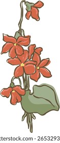 Uma ilustração encantadora e minimalista da arte da linha representando um conjunto de flores vermelhas com centros amarelos distintos e acompanhando folhas verdes