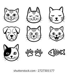 Uma coleção de vetor de arte de linha minimalista encantadora com várias expressões felinas e caninas. Este conjunto inclui sete cabeças de gato diversificadas com diferentes personalidades, uma cara de cachorro, um par de impressões de pata e um esqueleto de osso de peixe. Esses rabiscos pretos e brancos desenhados à mão são ideais para marca de loja de animais de estimação, logotipos da clínica veterinária, adesivos de abrigo de animais, decoração de berçário e materiais educacionais para crianças.