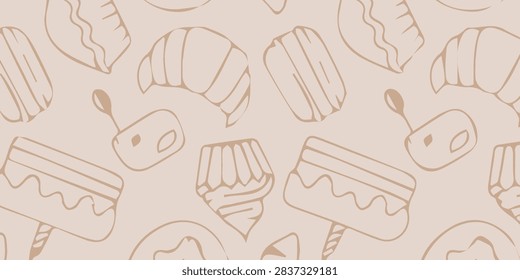 A charming, minimalist pattern featuring line art of various desserts like cakes, croissants, and jelly, set against a soft, neutral background.