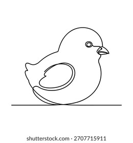 Un dibujo encantador y minimalista de una sola línea de un pollito regordete sentado en una línea.