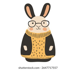 Charming minimalist vector illustration of a bespectacled bunny in a cozy mustard sweater, with rosy cheeks and simple line art. Ideal for children’s decor, greeting cards, branding, and web design.