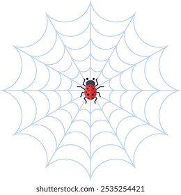 Uma ilustração vetor encantadora e minimalista com uma joaninha vermelha e preta centrada em uma teia de aranha delicada.