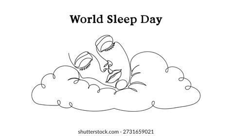 Ilustración vectorial encantadora y minimalista con una cara serena para dormir descansando cómodamente en una nube suave, perfecta para las campañas del Día Mundial del Sueño, blogs de bienestar y diseños con temas de relajación con un estilo de arte lineal limpio y escalable.