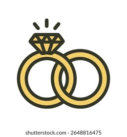 A charming and minimalist vector illustration of two intertwined wedding rings, one with a sparkling diamond, symbolizing love, marriage, and engagement. Perfect for wedding invitations, jewelry brand