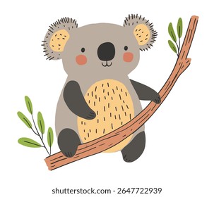 Charming minimalist vector of a koala perched on a eucalyptus branch, featuring soft gray fur, warm ochre highlights, rosy cheeks, and simple hand-drawn textures. Perfect for nursery art, wildlife