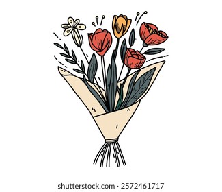 Charming Mixed Flower Bouquet with a Rustic Paper Wrap for a Whimsical and Natural Garden Party Theme Vector illustration