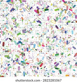 A charming modern abstract pattern filled with colorful rounded capsules, pill shapes, and organic geometric forms scattered across a pristine white field. This playful design is full of vibrancy.
