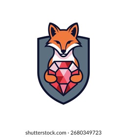 Un diseño de logotipo encantador y moderno con un zorro naranja inteligente que sostiene una Grande piedra preciosa de rubí rojo. El zorro está centrado dentro de un escudo gris, creando un emblema fuerte y memorable.