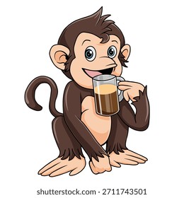 Encantador personaje de mono sorbiendo café de una taza