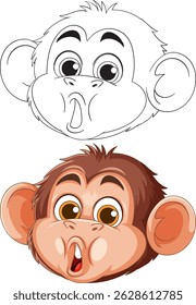 Charming monkey face with expressive eyes in vibrant colors and outline. Ideal for playful designs and children's content