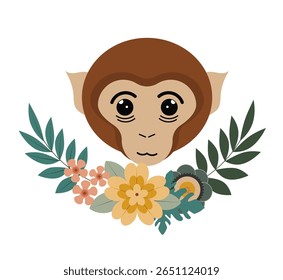 A charming monkey face is featured at the center, surrounded by a variety of colorful flowers and green leaves. This playful illustration captures a whimsical and joyful vibe, perfect for decor.