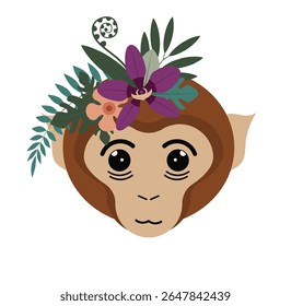 Uma cabeça de macaco encantadora é adornada com flores vibrantes e folhas verdes.