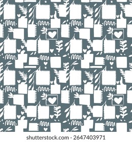 A charming monochrome seamless pattern with hand-drawn stamps, hearts, and leaves. This whimsical, two-tone collage design in slate blue and white is perfect for modern stationery and textiles