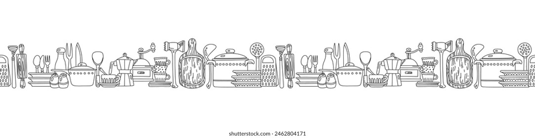 Charmante monochrome Vektorgrafik verfügt über eine skurrile Auswahl an Küchenutensilien und Kochgeschirr im Retro-Doodle-Stil. Perfekt als Randelement, das jedem Design auf sauberer weißer Kulisse kulinarischen Flair verleiht.