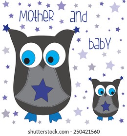 charming mother and baby owls with stars