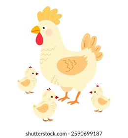 Charming mother hen with her three chicks on white isolated background.Vector animal illustration  in funny farm cartoon character style. For characters of children's books, comics, postcards.