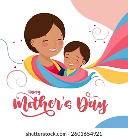 Charming Mother's Day greeting card design with a modern, colorful illustration of a mother embracing her child, surrounded by artistic swirls and calligraphic text for a festive look.
