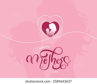 Charming Mother's Day illustration featuring a mother and child silhouette inside a heart. Pink background with elegant text and 3D hearts, perfect for cards, posters, and social media