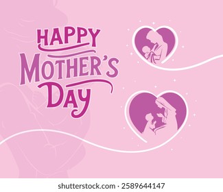 Charming Mother's Day illustration with mother and child silhouettes inside heart shapes. Soft pink background with elegant typography, perfect for greeting cards and social media