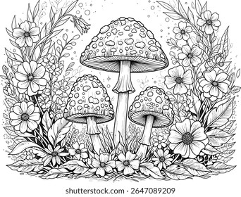 Charming Mushroom Garden Line Art Delight A whimsical black and white image of amanita mushrooms amidst blooming flowers and green leaves that characterizes the mysterious beauty of nature