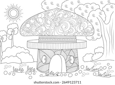 Charming mushroom house with decorative patterns, a detailed line art illustration for coloring, fantasy, and whimsical themes.