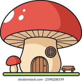 A charming mushroom house stands with a bright red cap, round door, and a tiny window, surrounded by a green lawn and a small bench.