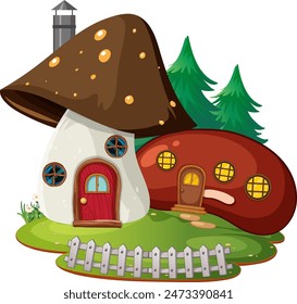 Charming mushroom houses with trees and fence