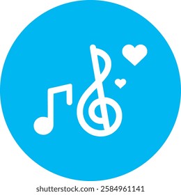 A charming Music Notes and Hearts icon in crisp white on a light Cambridge blue background. A perfect blend of melody and emotion, symbolizing love for music in a modern, minimalist style.