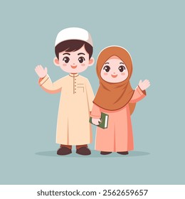 Charming Muslim Kids Simple Flat Modern Soft Illustration in Traditional Clothing with Happy Smiling Faces and Greeting Gesture