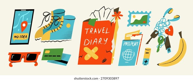 A charming and naive vector illustration set featuring essential travel items. Perfect for children's books, travel blogs, and family vacation planning