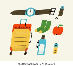 Um encantador e ingênuo conjunto de ilustração vetorial com itens essenciais de viagem. Perfeito para livros infantis, blogs de viagem e planejamento de férias em família