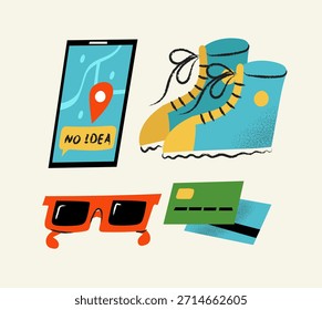 Un conjunto de Ilustración vectorial encantador e ingenuo con artículos de viaje esenciales. Perfecto para libros infantiles, blogs de viaje y planificación de vacaciones familiares