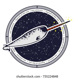 A charming narwhal with a long horn on the background of the cosmos and constellations. Vector illustration.