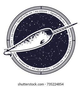 A charming narwhal with a long horn on the background of the cosmos and constellations. Vector illustration.Monochrome.