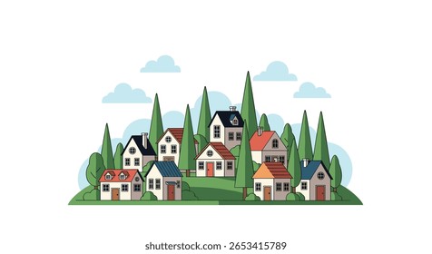Charming neighborhood village houses nestled among lush green trees and rolling hills