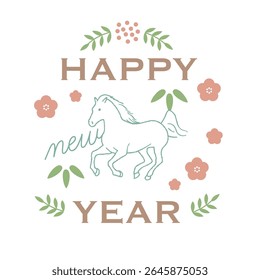 A charming New Year's greeting card featuring a simple line drawing of a horse surrounded by floral motifs. Perfect for celebrating the Year of the Horse.