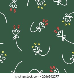 Charming New Year's pattern, print or background in the form of a set of different contours of flowers-a doodle on a contrasting dark green. Universal winter, New Year or Christmas pattern