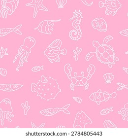 Charming ocean-themed pattern featuring hand drawn sea life including fish, seahorse, and shellfish in white line art on soft pink background.