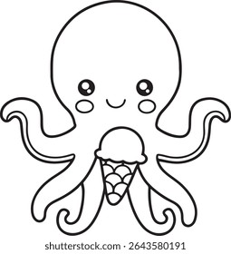 Charming Octopus with an Ice Cream Cone Delightful black and white illustration of a cheerful octopus holding a scrumptious ice cream cone perfect for coloring books and fun designs