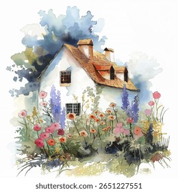 Casa velha encantadora em jardim vibrante com variedade de flores coloridas. Estrutura rústica apresenta um telhado íngreme e janelas caprichosas, enquanto verduras exuberantes e flores florais criam um fundo pitoresco