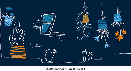 Charming old street of the town with hanging flowers in pots. Brick facade of a house with a window. Night. For text. Imperfect atmospheric vector illustration. Minimalism line.