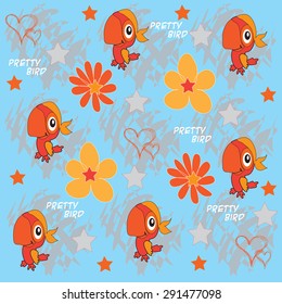 charming orange birds with hearts and stars and curls vector illustration