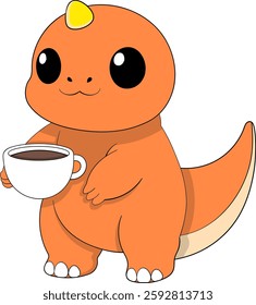 A charming orange dinosaur with a small yellow horn holds a steaming cup of coffee, creating a friendly and inviting atmosphere