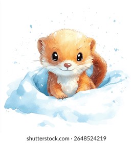 Um charmoso kit de bancos laranja espreita de um azul claro à deriva de neve, seus grandes olhos e pequenas patas visíveis.