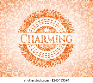 Charming orange tile background illustration. Square geometric mosaic seamless pattern with emblem inside.