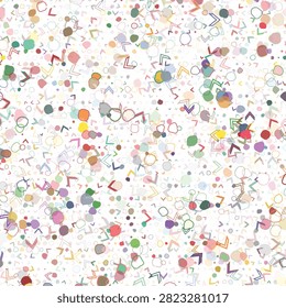 An charming and organic seamless abstract pattern featuring a cheerful assortment of colorful rounded shapes, tiny dots, and playful arrow-like elements on a clean white surface.