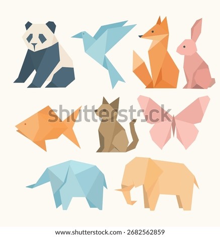 Charming origami animal collection featuring a panda, bird, fox, rabbit, fish, cat, butterfly, and elephant in pastel colors perfect for kids decor.Origami concept for kids