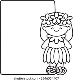 A charming outline drawing of a girl dressed in a flower crown and a grass skirt, standing next to a blank border. Isolated on white background.