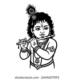A charming outline illustration of baby Krishna, depicted seated and engrossed in playing his flute